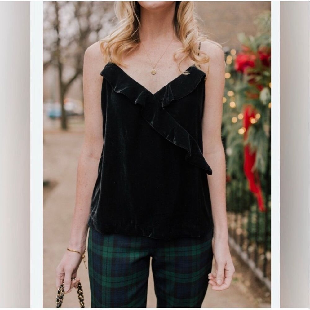 J. Crew black velvet ruffled camisole tank top size 12